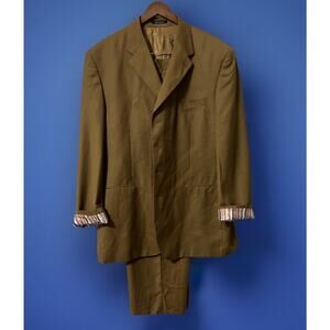 Y2K 90s FUBU Mens 46L Blazer 40 Pants Player 2 Pc Suit Golden Brown Pinstripe